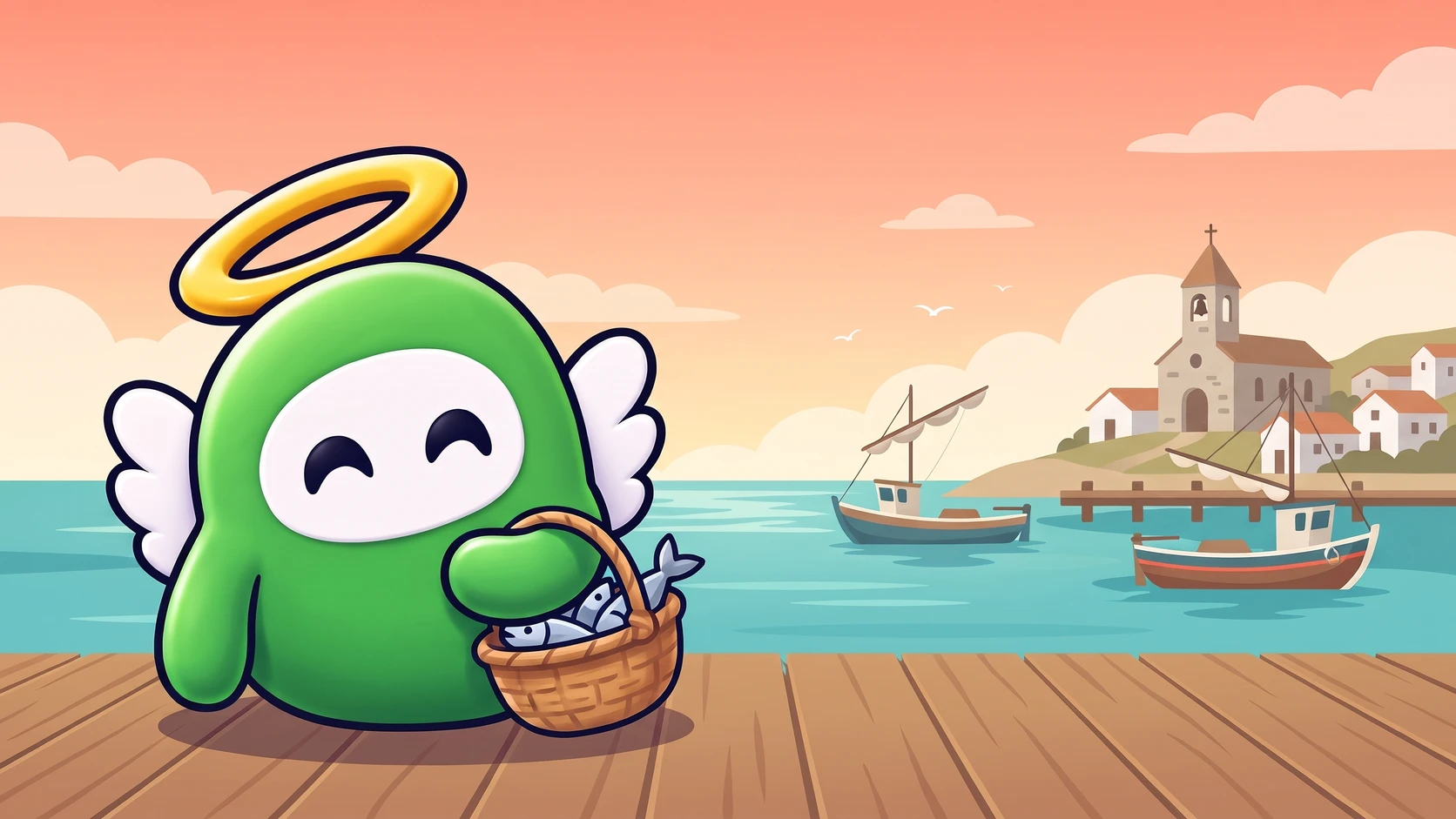 A smiling green 3D Wingman on a wooden harbor pier holding a wicker basket of fish, with fishing boats on turquoise water and a stone church above a seaside village under a coral morning sky.