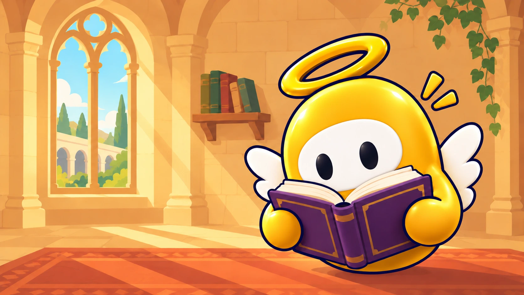A gold 3D Wingman reading a book in a flat illustrated cream-and-ochre library inspired by Creedo’s Summa map.