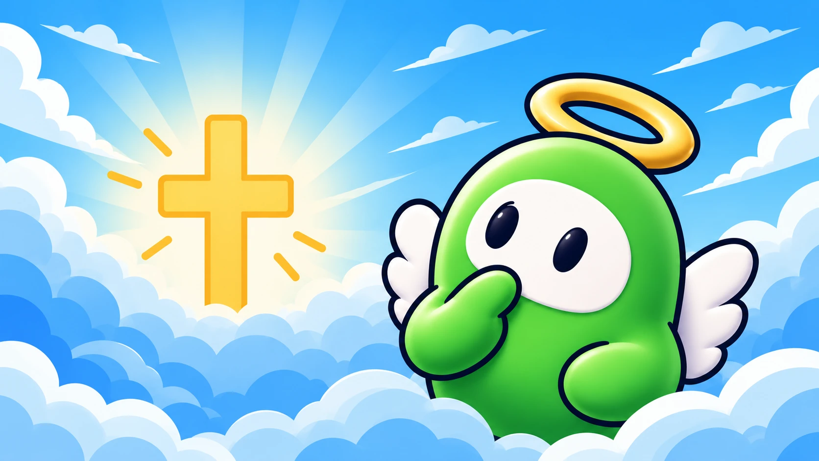 A thoughtful green 3D Wingman floating beside a golden cross in the catechism map’s bright blue illustrated cloudscape.