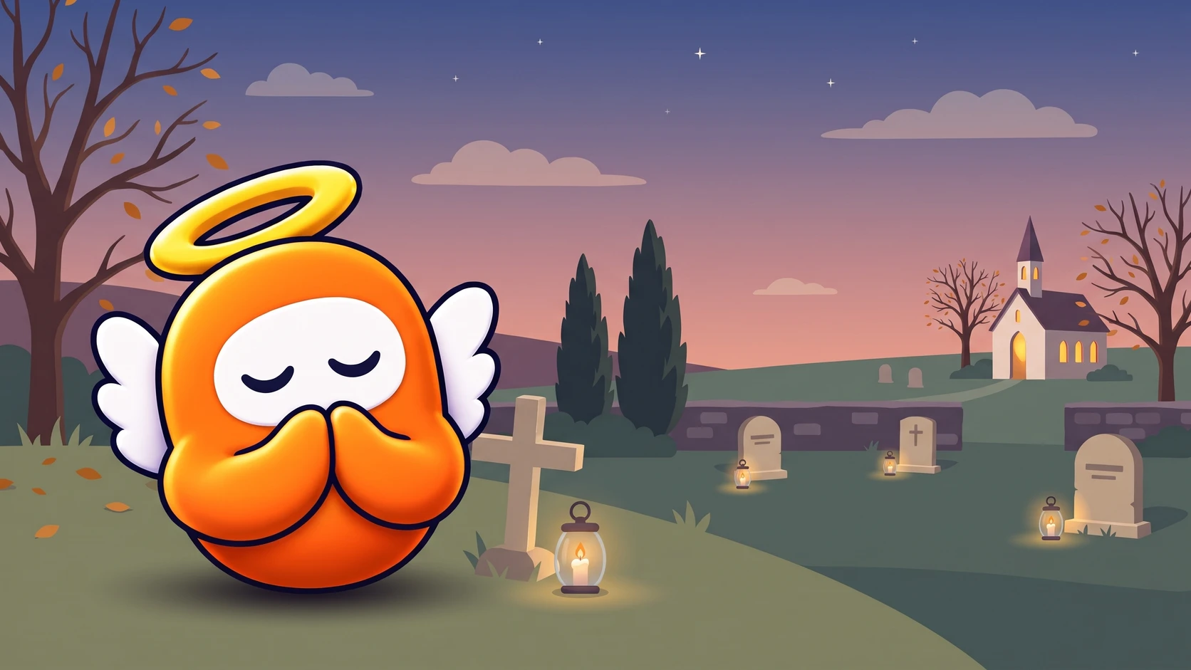 An orange 3D Wingman with joined prayer hands beside a stone cross and a candle lantern in a flat illustrated churchyard at dusk, with a lit chapel in the distance.
