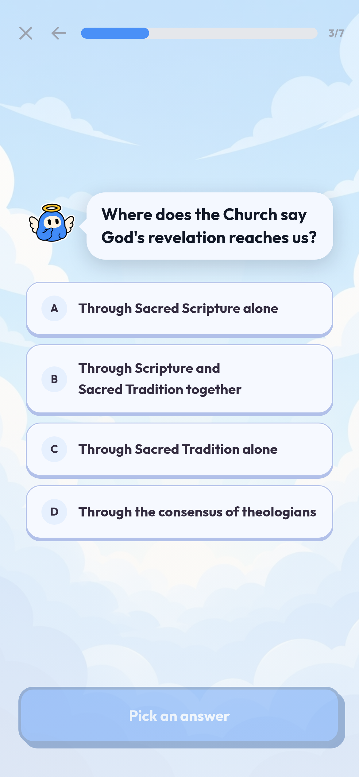A Creedo lesson preview asks where God’s revelation reaches us, with four answer choices.