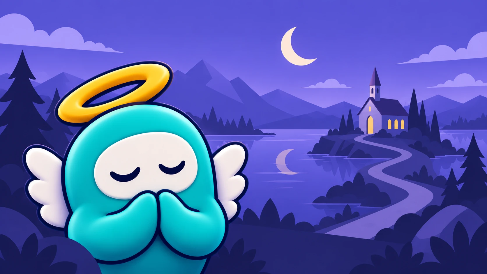 A teal 3D Wingman praying beside a moonlit purple lake and a distant chapel, inspired by the evening meditation artwork.