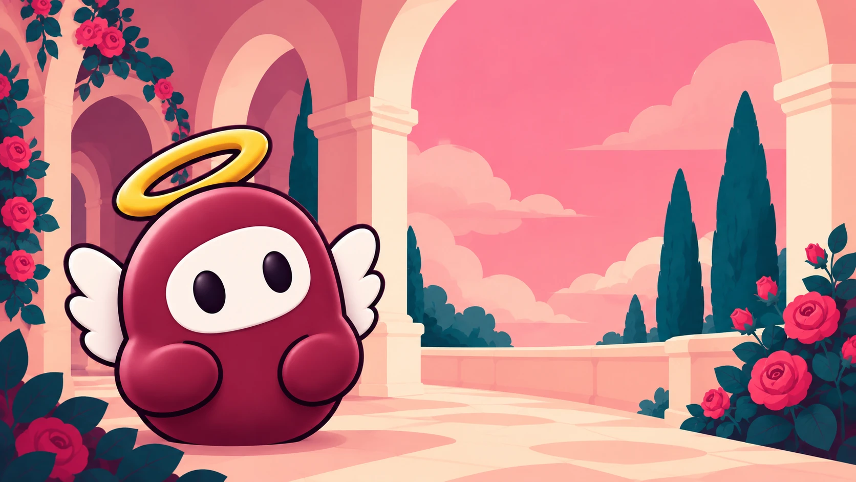 A maroon 3D Wingman in a flat illustrated rose-colored cloister with cream arches and dark teal cypress trees.