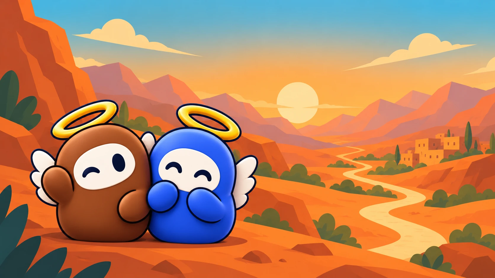 Brown and blue 3D Wingmen exploring an illustrated warm desert valley with ochre cliffs and a cream path toward an ancient village.